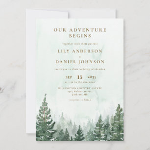 Invitation Notre Aventure Forêt de Pins Rustique Code QR Mari