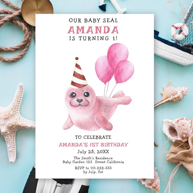 Invitation Notre Baby Seal 1er Anniversaire Pink Girl Party (Créateur téléchargé)