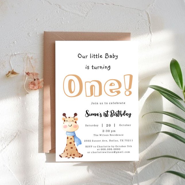 Invitation Notre Bébé tourne une petite girafe 1er anniversai (Créateur téléchargé)