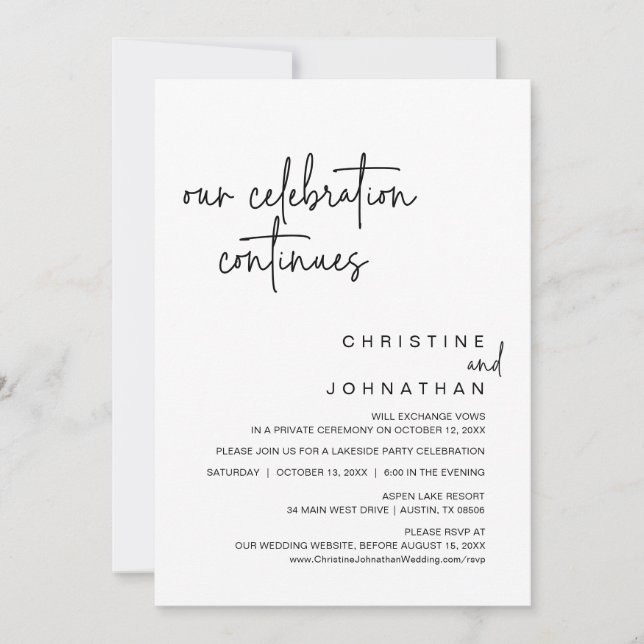 Invitation Notre Célébration Continue, Mariage Elopement Part (Devant)
