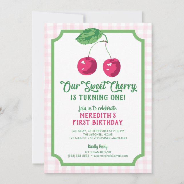 Invitation "Notre cerise douce" Anniversaire rose et vert (Devant)