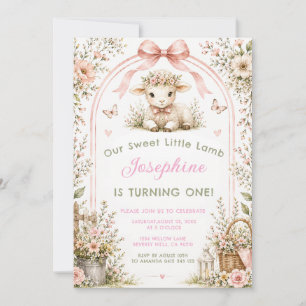 Invitation Notre Douce Petite Agneau Fleurs Roses Premier Ann
