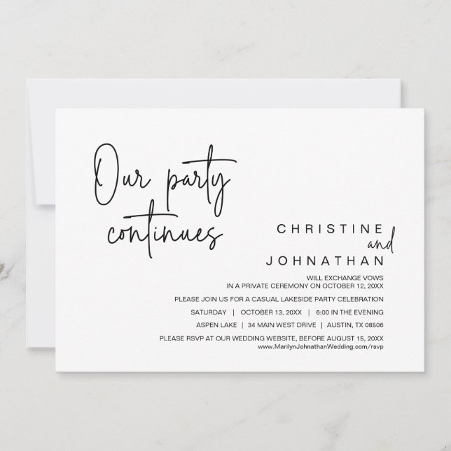 Invitation Notre Fête Continue, Dîner Mariage Elopement (Devant)