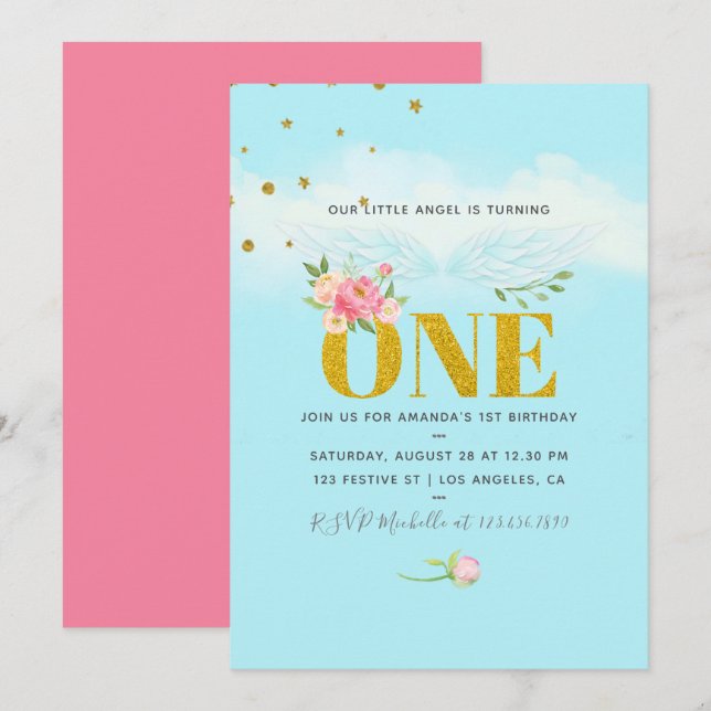 Invitation Notre Little Angel 1er anniversaire Baby Girl Part (Devant / Derrière)