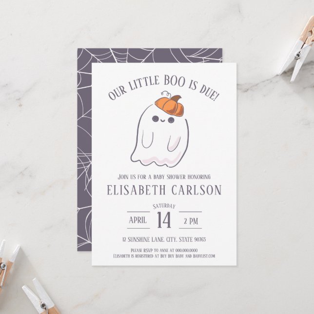 Invitation Notre Little Boo est attendu Ghost Baby shower inv (Devant/Arrière en situation)