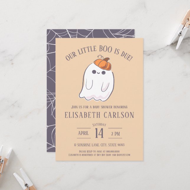 Invitation Notre Little Boo est attendu Ghost Baby shower inv (Devant/Arrière en situation)