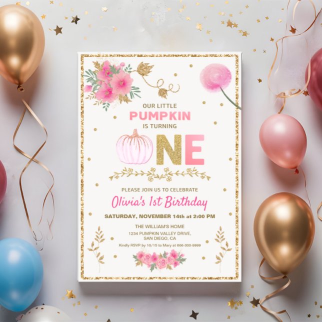 Invitation Notre Little Pink & Gold Citrouille 1er anniversai (Our little pumpkin girl pink & gold 1st birthday party invitation)