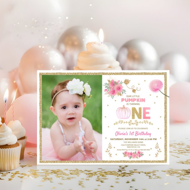Invitation Notre Little Pink & Gold Citrouille 1er anniversai (Our Little Pumpkin Pink Girl 1st Birthday Invitation)