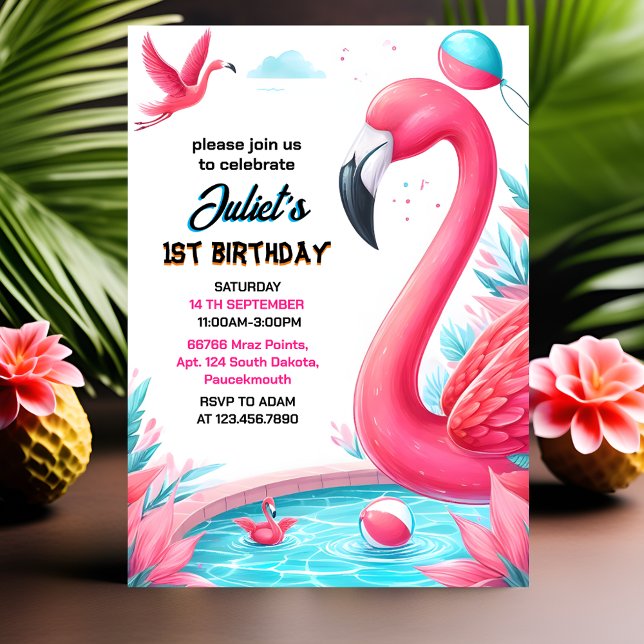 Invitation Notre Luau Fly Pink Flamant rose Pool Party 1er an (Créateur téléchargé)