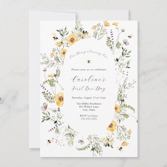 Invitation Notre Miel Abeille Jaune Fleur-Fleur Anniversaire (Devant)