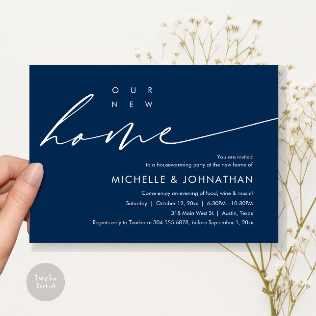 Invitation Notre nouvelle maison, Fête de la Fête du réchauff (Our New Home, Housewarming Party Celebration Card, PDF, Modern Minimalist Script, in Navy Blue)