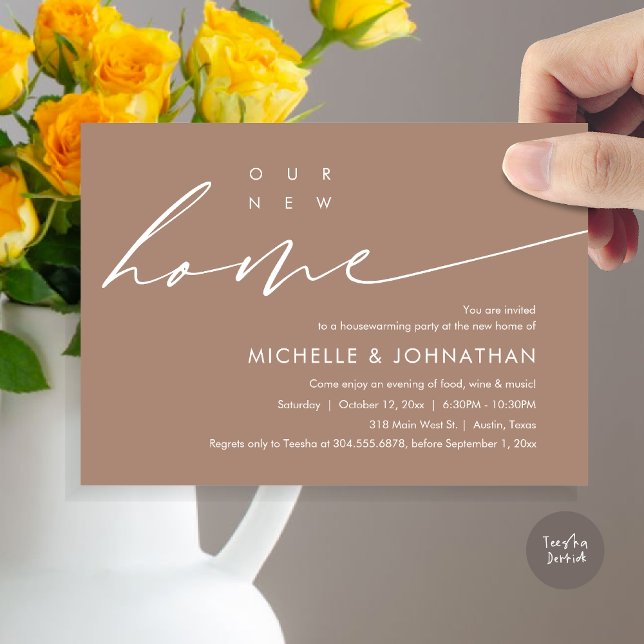 Invitation Notre nouvelle maison, Fête de la Fête du réchauff (Our New Home, Housewarming Party Celebration Card, PDF, Modern Minimalist Script, in Earthy Taupe)