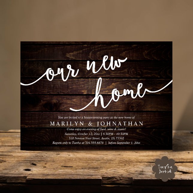 Invitation Notre nouvelle maison, Fête de la Ménage Rustique (Our new home, Rustic Housewarming party Invitation Card PDF Cottage brown wood)