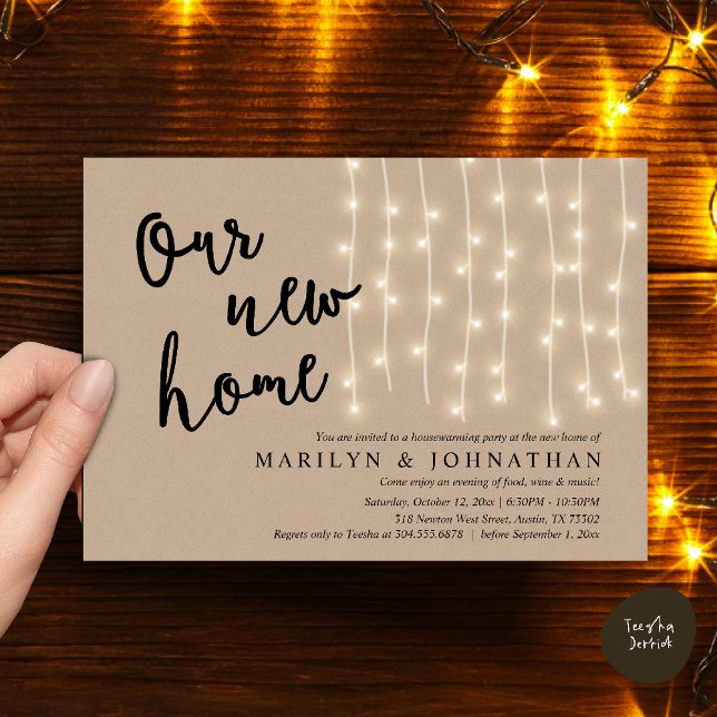Invitation Notre nouvelle maison, Fête de la Ménage Rustique (Our new home, Rustic Housewarming party Invitation Card PDF Cottage String Light brown Kraft)