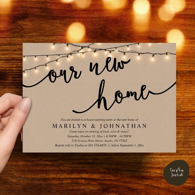 Invitation Notre nouvelle maison, pendaison de crémaillère (Our new home, Rustic Housewarming party Invitation Card PDF Cottage String Light brown Kraft)