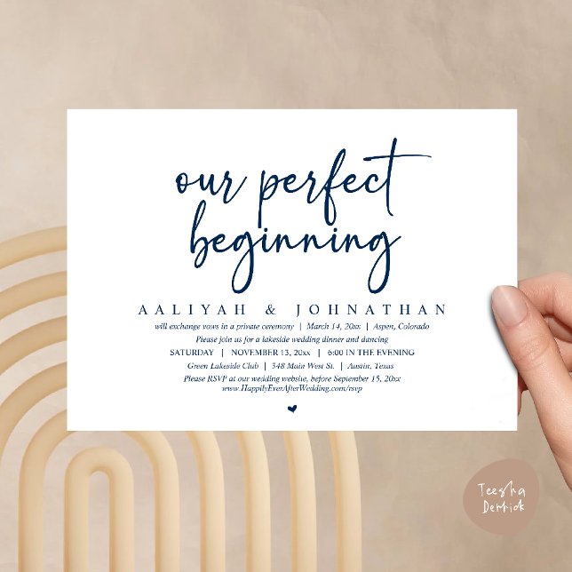 Invitation Notre Parfait Début, Fête de Fiançailles de Mariag (Our Perfect Beginning, Wedding Elopement Party Invitation card in navy blue)