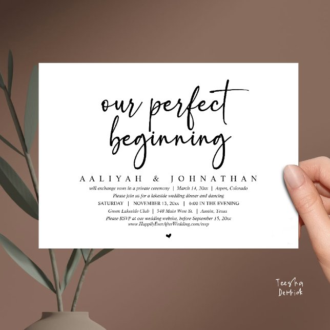 Invitation Notre Parfait Début, Fête de Fuite de Mariage (Our Perfect Beginning, Wedding Elopement Party Invitation Card in Black and white)