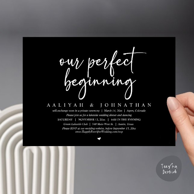Invitation Notre Parfait Début, Fête de Fuite de Mariage (Our Perfect Beginning, Wedding Elopement Party Invitation card in black and white)