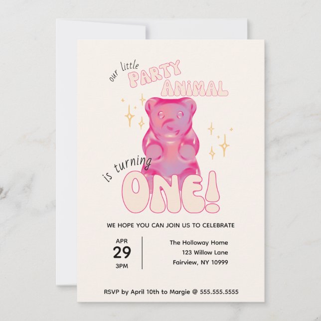 Invitation Notre Petit Animal Gummy Bear 1er Anniversaire (Devant)