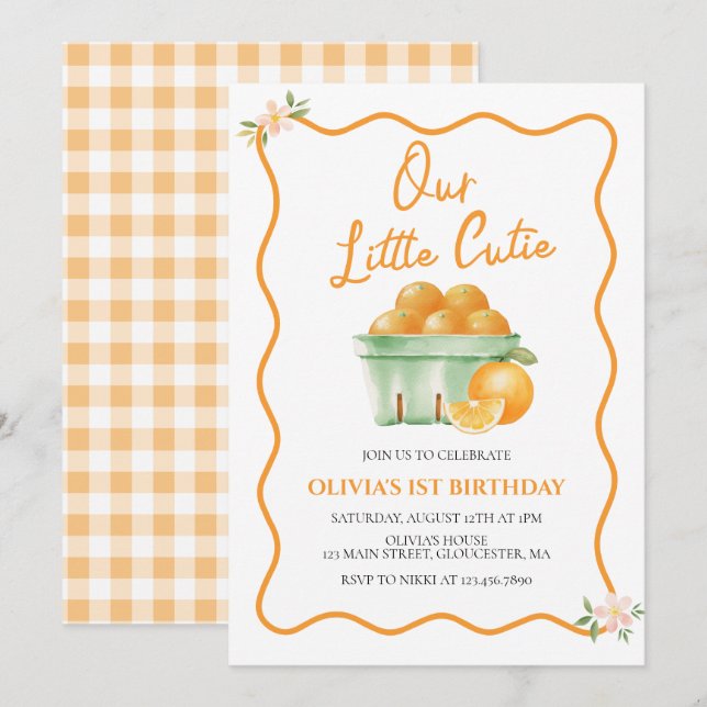 Invitation Notre petit anniversaire orange mignon (Devant / Derrière)