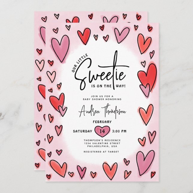 Invitation Notre petit Baby shower de Coeurs Saint Valentin (Devant / Derrière)