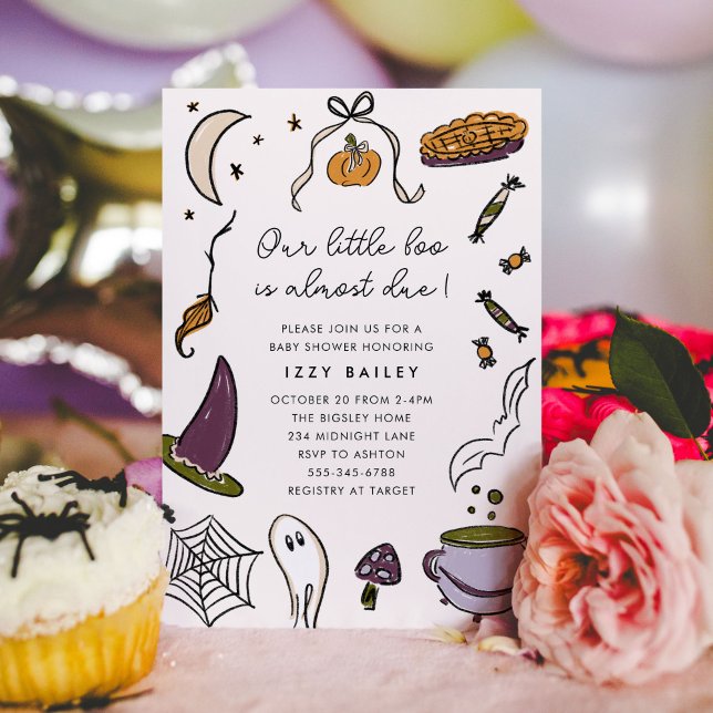 Invitation Notre petit Baby shower d'Halloween presque dû (Our Little Boo is Almost Due - Halloween watercolor illustrations baby shower invitation.)
