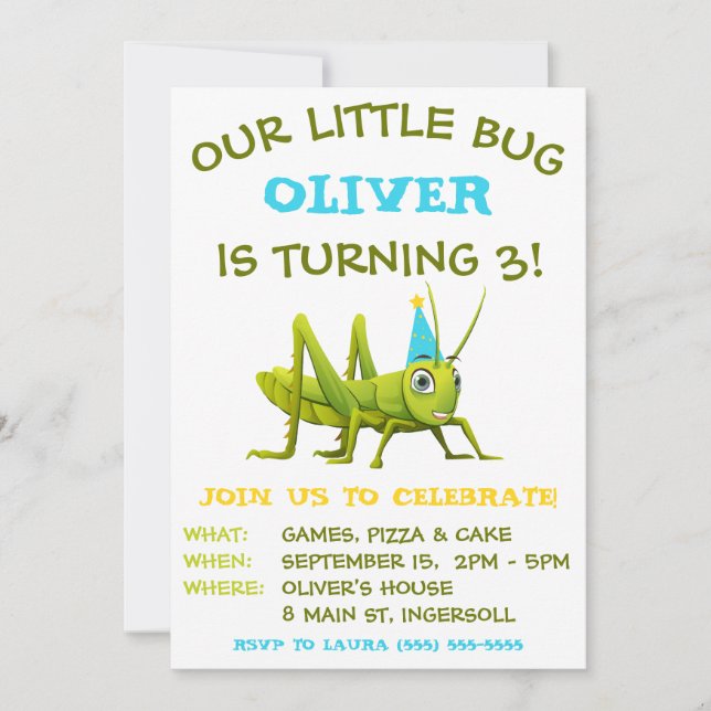 Invitation Notre Petit Bogue, Grasshopper, Anniversaire (Devant)