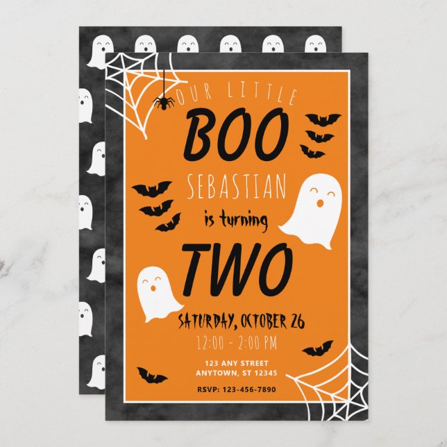 Invitation Notre petit Boo 2e anniversaire fantôme Halloween (Devant / Derrière)