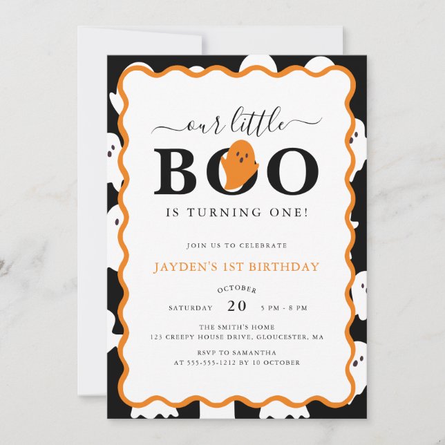 Invitation Notre petit Boo Black Ghost Halloween 1er Annivers (Devant)