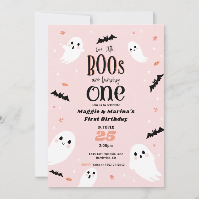 Invitation Notre Petit Boos rose Twin Halloween Premier anniv (Devant)