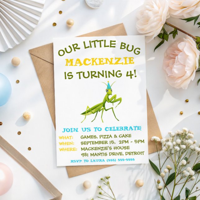Invitation Notre petit bug, mante religieuse, fête d'annivers (Créateur téléchargé)