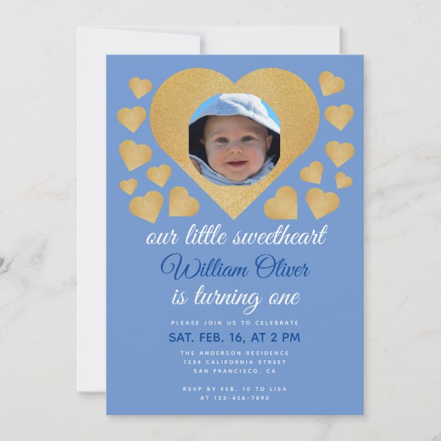 Invitation Notre petit chéri Boy Blue cœur d'or anniversaire (Devant)