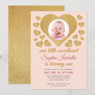 Invitation Notre Petit Chéri Rose Doré Photo 1er Anniversaire