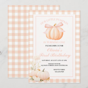 Invitation Notre petit citrouille a un an avec un nœud rose
