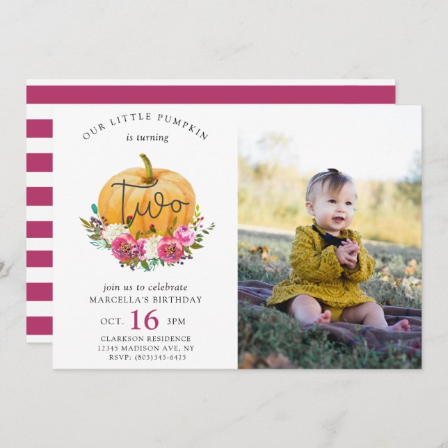 Invitation Notre Petit Citrouille Automne Floral 2e Anniversa (Devant / Derrière)