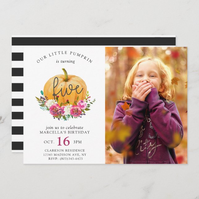 Invitation Notre Petit Citrouille Automne Floral 5e Anniversa (Devant / Derrière)