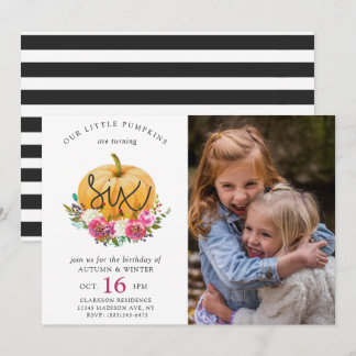Invitation Notre petit Citrouille automne Floral Twins 6e ann