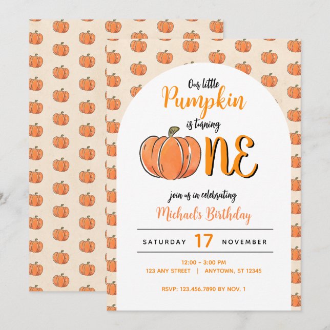 Invitation Notre Petit Citrouille Automne Moderne Anniversair (Devant / Derrière)