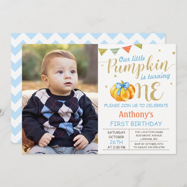 Invitation Notre petit Citrouille Baby Boy 1er anniversaire P (Devant / Derrière)