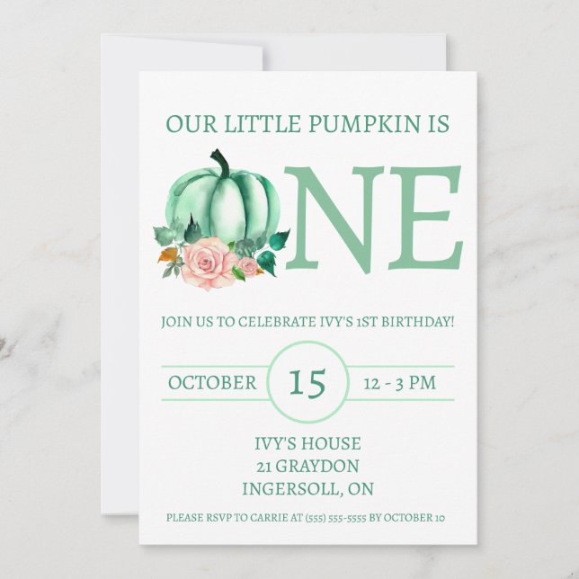 Invitation Notre petit Citrouille est ONE Mint/Pink Birday Pa (Devant)