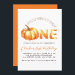 Invitation Notre Petit Citrouille Fête Son Premier Anniversai<br><div class="desc">Pour un premier anniversaire d'automne avec thème citrouille. Le mot ONE a un citrouille d'aquarelle au lieu de O et les autres lettres sont également peintes en orange et jaune aquarelle, comme le citrouille. Au-dessus, le message "Notre petit citrouille tourne" est écrit en texte voûté, en lettres de main marron...</div>