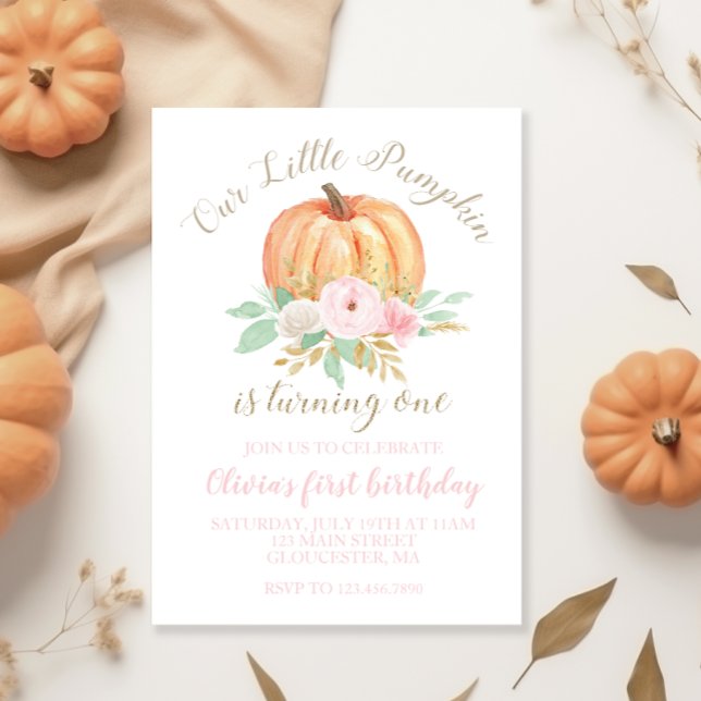 Invitation Notre Petit Citrouille or et fleuri premier annive (Créateur téléchargé)