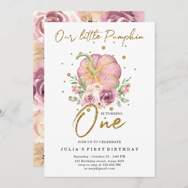 Invitation Notre Petit Citrouille Premier Anniversaire Rose (Devant / Derrière)