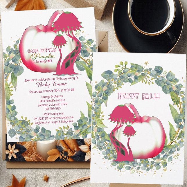 Invitation Notre petit Citrouille rose 1er anniversaire couro (Our Little Pumpkin Pink 1st Birthday Green Wreath Invitation)