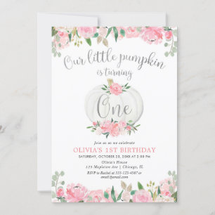 Invitation Notre petit citrouille rose argent floral 1er anni