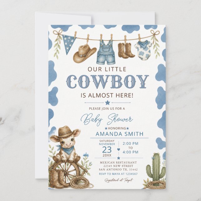 Invitation Notre petit cow-boy bébé Shower Linge à linge Bleu (Devant)