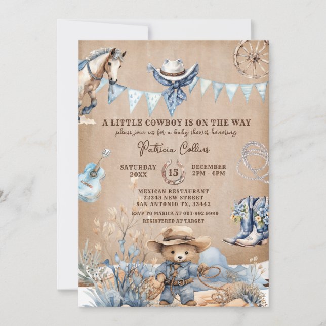 Invitation Notre petit cowboy est sur le chemin Baby shower (Devant)