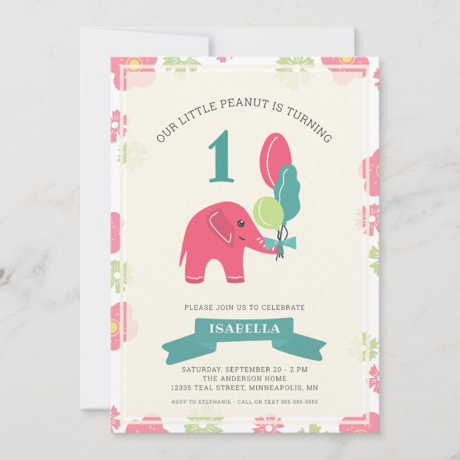 Invitation Notre petit éléphant d'arachide | Fille 1er annive (Devant)