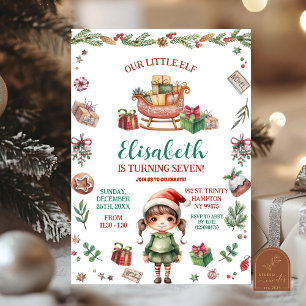 Invitation Notre Petit Elfe Noël Sleigh Anniversaire Fille