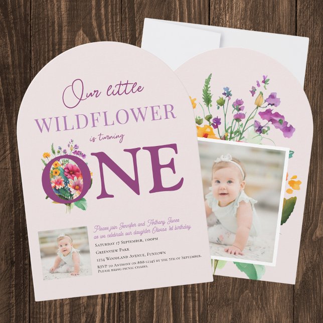 Invitation Notre Petit Fleur sauvage 1er anniversaire fleuri  (Our Little Wildflower is turning ONE floral purple 1st birthday invitation with custom baby photo)